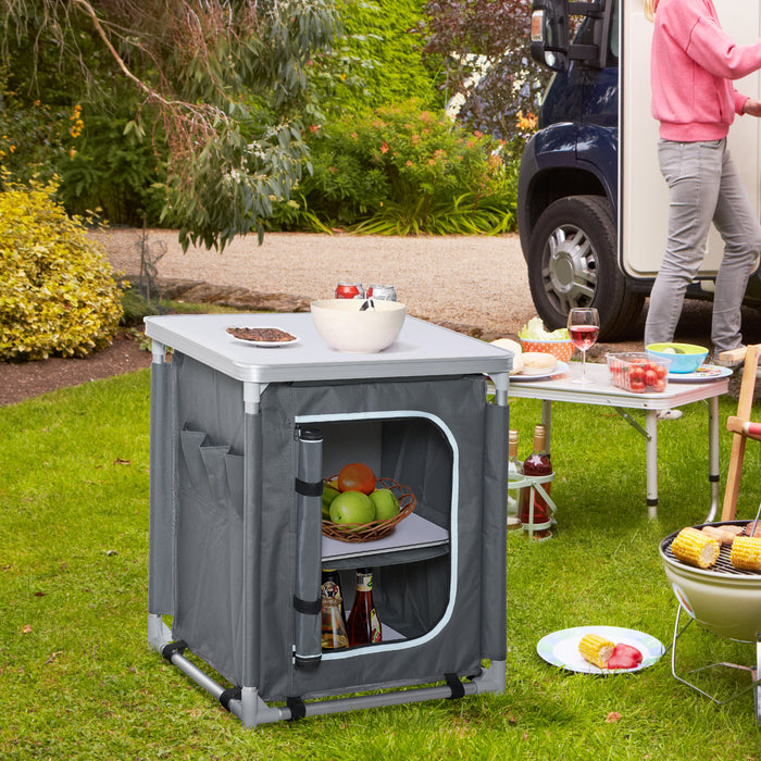 Portable Aluminum Camping Kitchen Station - 3-Shelf Cook Table with Storage Organizer for Outdoor Events - Ideal for BBQ Parties and Picnics, Includes Carrying Bag