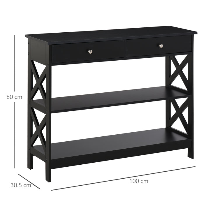 Console Table with X Support Frame - Modern Side Desk with Open Top, Shelves, and Drawers - Stylish Storage Solution for Living Room, Hallway, or Home Office