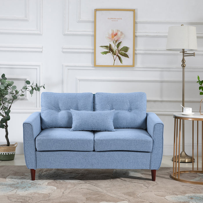 Double Loveseat Sofa - Plush Fabric Upholstery with Elegant Tufted Design and Sturdy Wooden Legs - Cozy Seating for Living Room, Dining Area, or Office Space in Light Blue