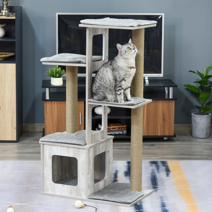 Large Cat Tower with Jute Scratching Post and Condo - 114cm Multi-Level Play House and Activity Center for Indoor Cats - Sturdy Furniture for Kittens in Grey