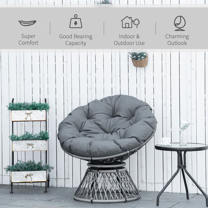 Rattan Papasan Moon Bowl Chair - 360° Swivel, Oversized Wicker Basket Lounge Seat with Grey Padded Cushion - Ideal for Indoor & Outdoor Relaxation