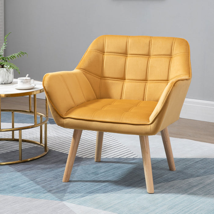 Accent Armchair with Wide Arms and Slanted Back - Padded Seat, Iron Frame and Wooden Legs in Yellow - Modern Bedroom Furniture Seating for Home, Set of 2