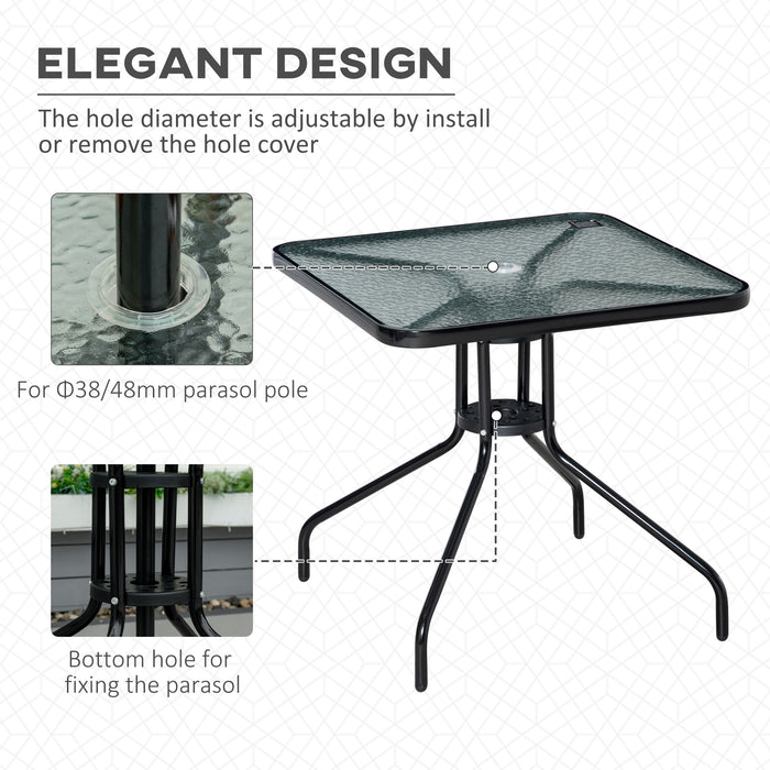 Tempered Glass Square Patio Table - Weather-Resistant Garden Bistro & Dining Table with Steel Frame, 76x76cm - Outdoor Entertainment with Umbrella Hole Compatibility