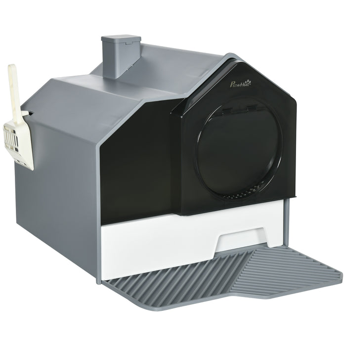 Hooded Cat Litter Box with Scoop - Drawer Pan, Hut Design & Deodorant Features, 47x45x42 cm in Grey - Easy Clean Solution for Cat Owners