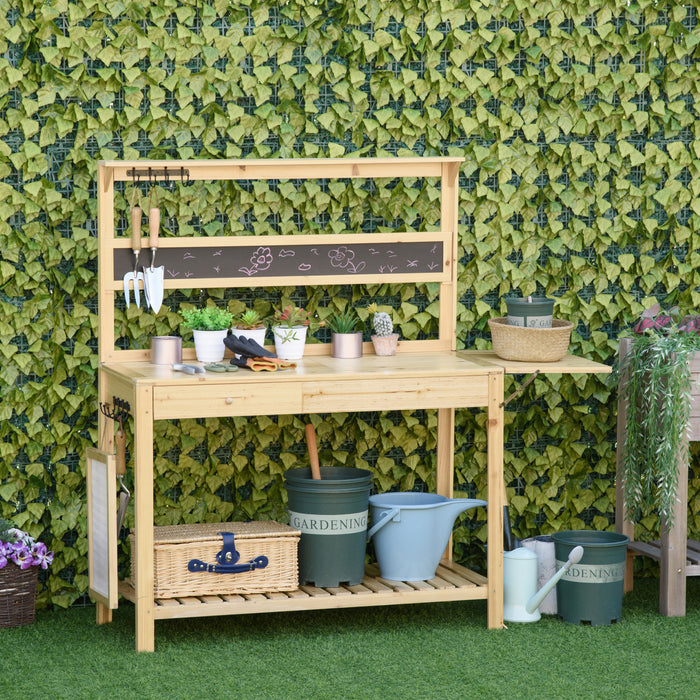 Garden Workstation with Metal Sieve - Durable Potting Bench Table with Chalkboard and Hidden Sink - Ideal for Patio Gardening and Balcony Spaces