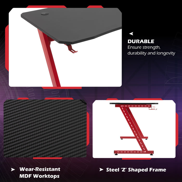 Steel Frame Gaming Desk - Cup & Headphone Holders, Adjustable Feet, Cable Management - Ideal Home Office Computer Table for Gamers, Red