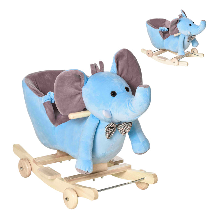 Plush Elephant Rocking Horse with Wheels for Toddlers - 2-In-1 Convertible Wood Base Rocker, 32 Melodies - Interactive Toy for Kids, Soft Plush Finish in Blue