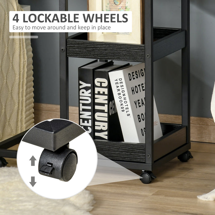 C-Shaped Sofa Side Table with Rolling Casters - 3-Tier Storage Shelving, Lockable Wheels, Sturdy Steel Frame in Brown - Ideal for Living Room Convenience and Organization