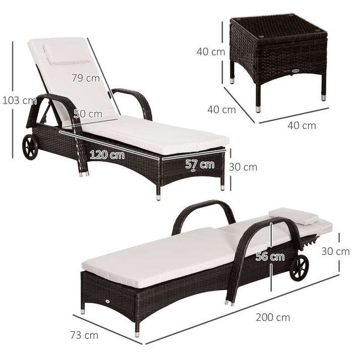 3-Piece Wicker Reclining Lounge Chair Set with Wheels - Outdoor Patio Furniture with Cushions & Matching Rattan Side Table - Ideal for Garden Relaxation and Entertaining