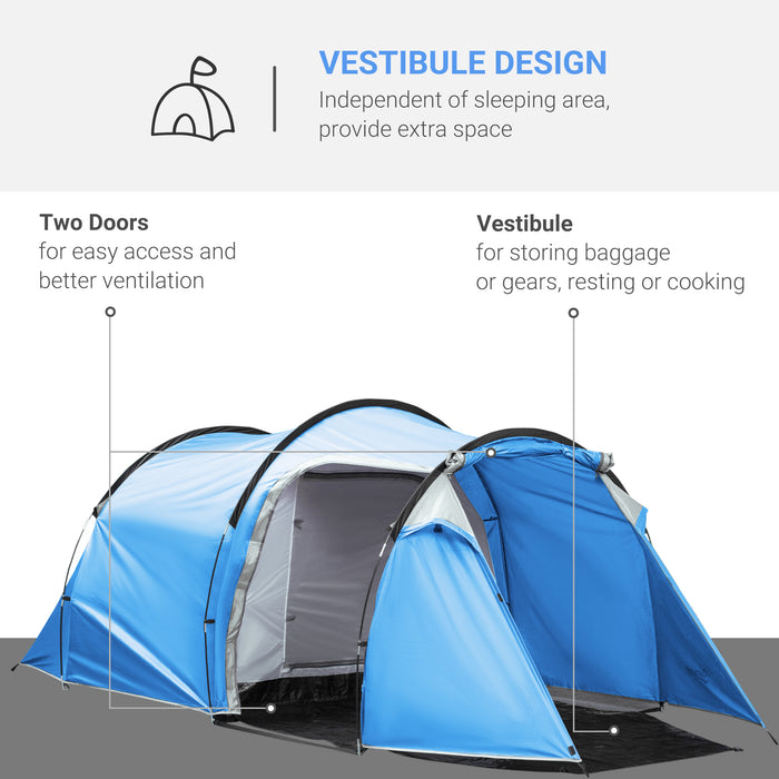 2-3 Person Tunnel Tent with Vestibule - Air Ventilated Camping Shelter with Porch and Rainfly - Ideal for Fishing, Hiking, and Festivals Weather-Resistant in Blue