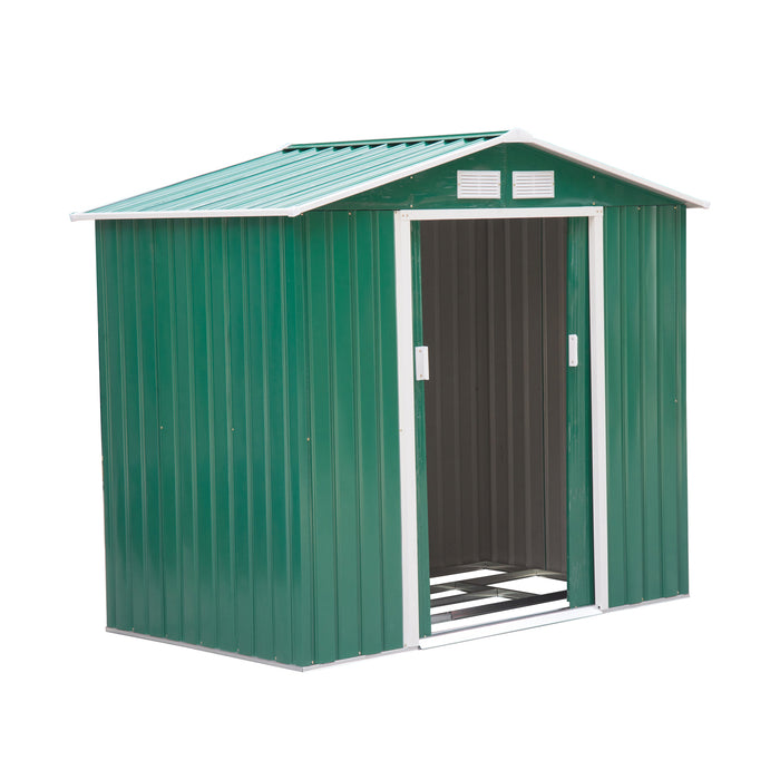 Large 7x4 ft Lockable Metal Garden Shed - Roofed Patio Tool Storage Building with Foundation - Ideal for Outdoor Furniture and Equipment Security, Green