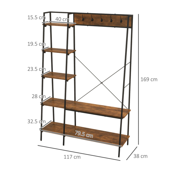 Industrial Hall Tree with Shoe Storage - Free Standing Entryway Organizer with 2-Tier Rack, 5 Hooks, 5 Side Shelves - Sturdy Steel Frame Design for Home Organization, Brown, 117x38x169cm