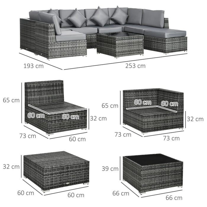 PE Rattan 8-Piece Corner Sofa Set - Outdoor Patio Wicker Furniture with Washable Cushion Covers and Tempered Glass Table - Grey, Comfortable Seating for Garden & Deck Spaces