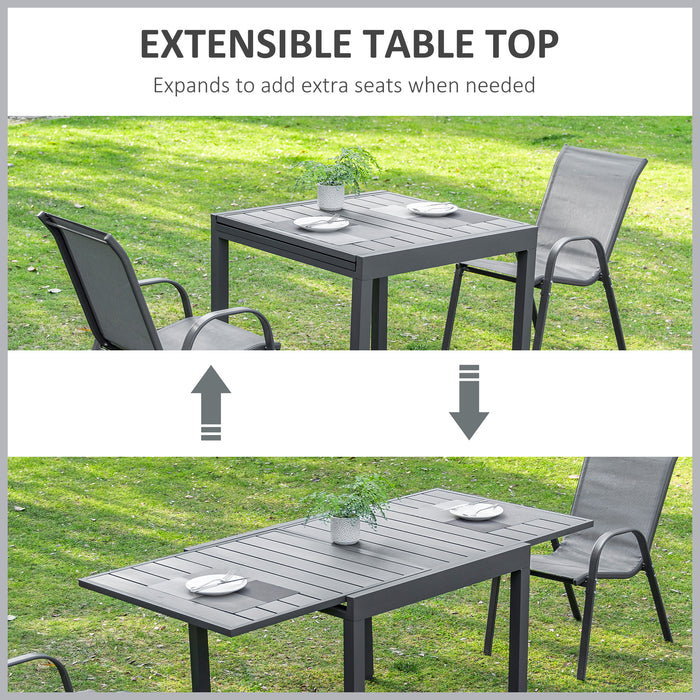 Extendable Aluminum Patio Dining Table - Weather-Resistant Outdoor Slat Table for 4-6 Guests - Ideal for Lawn Garden and Bistro Settings in Grey