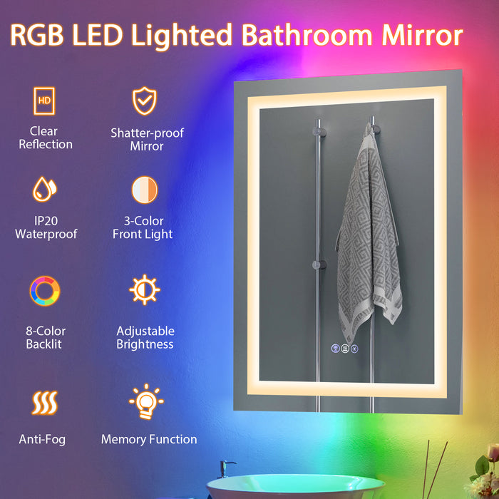 RGB Dimmable Vanity Mirror - Backlit Makeup Mirror with 3-Color Front Lights - Ideal for Makeup Enthusiasts and Professionals