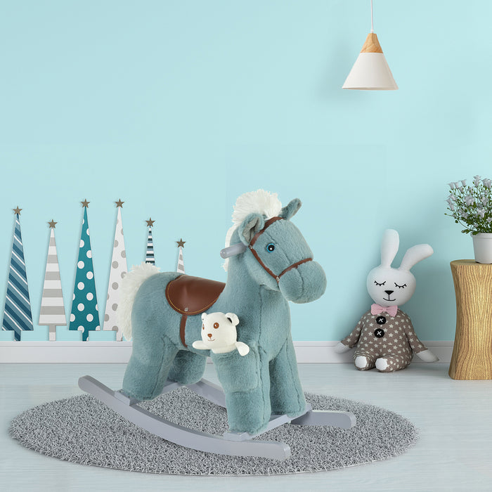 Kids Plush Ride-On Rocker - Wooden Rocking Horse with Soft Plush Toy and Realistic Sounds - Ideal for Toddlers 18-36 Months, Soothing Blue Hue