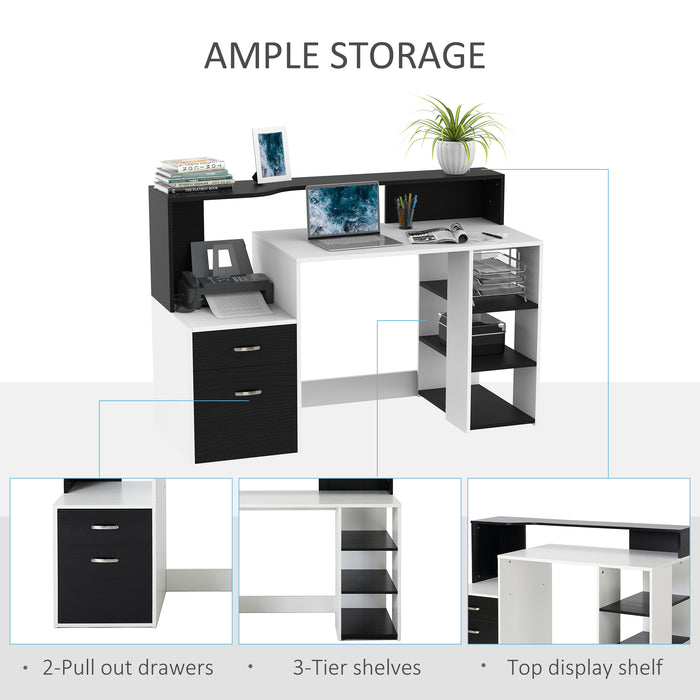 Modern Home Office Computer Desk with Printer Shelf - Writing Workstation with Storage Drawer and Shelves - Ideal for Study Room and Small Spaces, Black and White Design