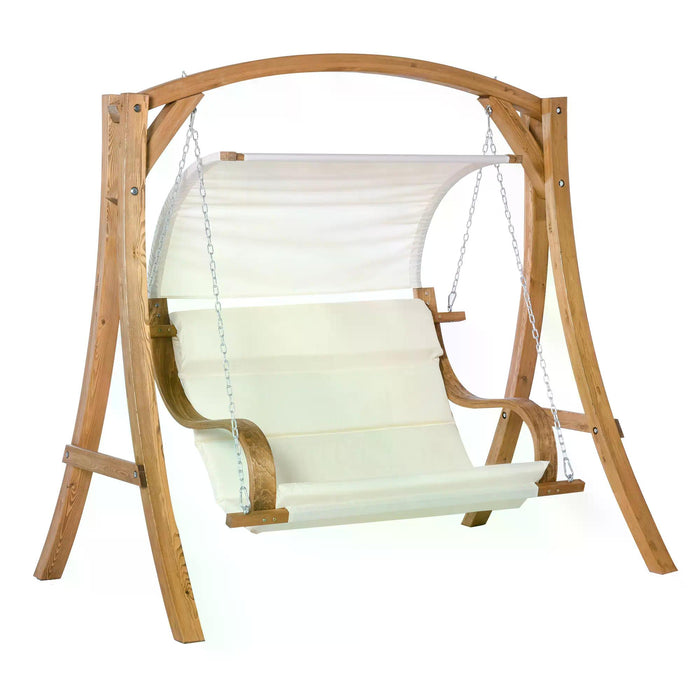 Deluxe Wooden Porch Swing Chair with A-Frame - Sturdy Wood Log Bench with Canopy and Cushion - Perfect for Patio, Garden, and Yard Relaxation