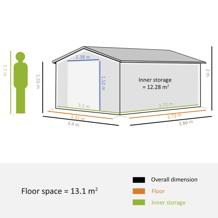 Foundation Ventilation Steel Shed - 13 x 11 ft Large Outdoor Storage, Grey - Ideal for Garden and Equipment Protection