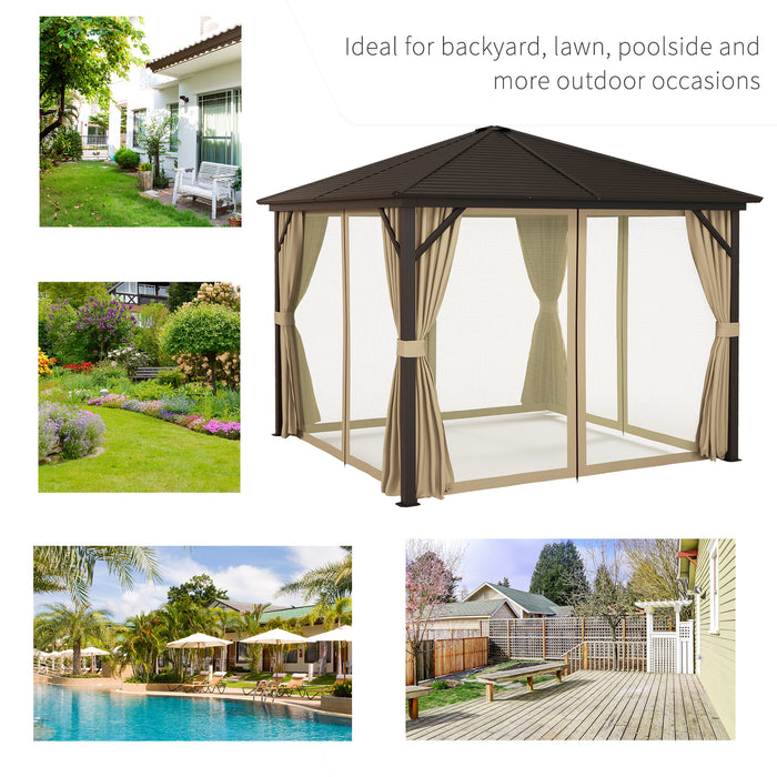 3x3m Hard Top Garden Gazebo - Aluminium Frame with Metal Roof, Netting, and Curtains - Canopy Shelter for Outdoor Lawn Spaces