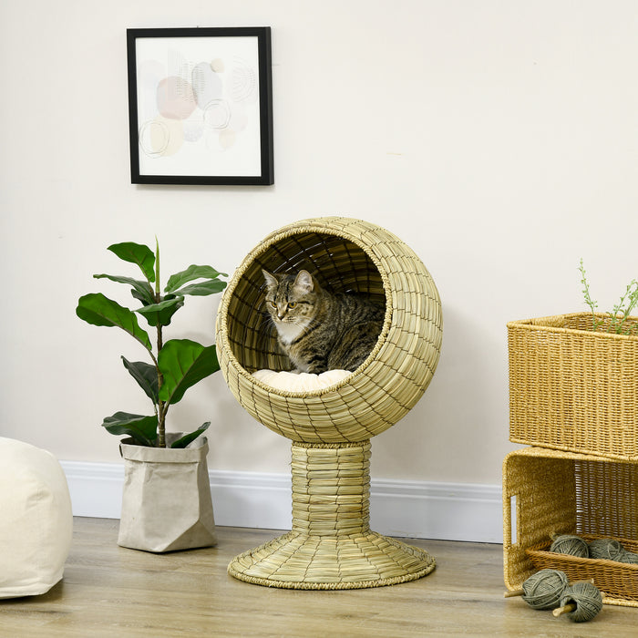 Natural Mat Grass Cat House with Cushion - Round Detachable Top Kitten Cave, Elevated Stand Design, Yellow - Ideal Cozy Retreat for Cats & Small Pets, Φ41 x 71.5 cm