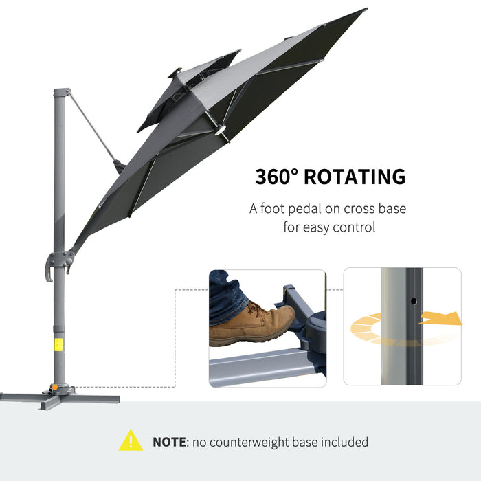 3M Adjustable Cantilever Parasol with Solar Lights - Power Bank, Cross Base, 360° Rotation, 2-Tier Canopy for Garden - Outdoor Sunshade Umbrella for Patio Comfort and Style