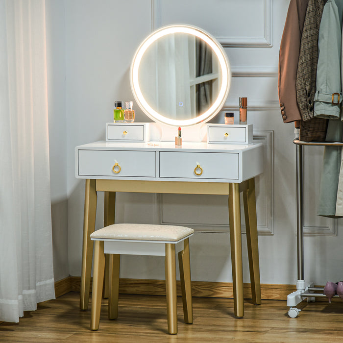 Vanity Makeup Table Set with 3-Color LED Mirror - Bedroom Dressing Table with Storage, 4 Drawers & Cushioned Stool - Elegant White Dresser for Beauty & Organization Needs