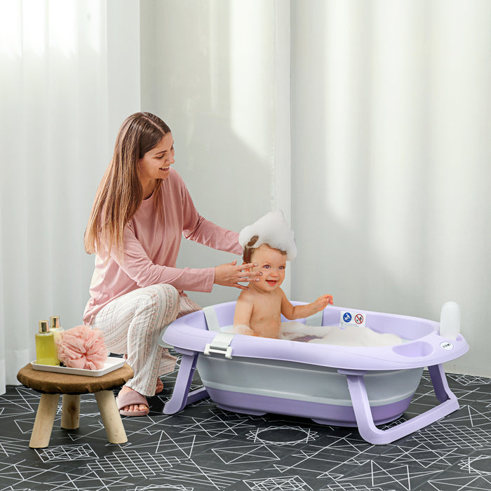 Foldable Infant to Toddler Bathtub - Non-Slip, Cushioned, with Drain & Shower Accessory - Easy Storage & Safe Bathing for 0-6 Years, Purple