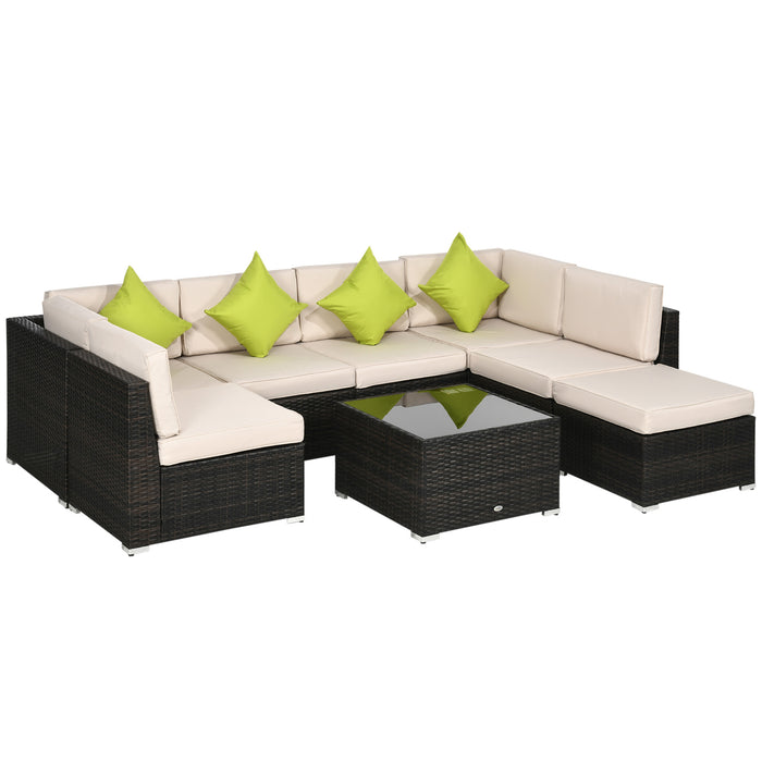 PE Rattan 7-Seater Sofa Set with Tempered Glass Table - Corner Wicker Garden Furniture with Cushions and Covers, Brown - Ideal for Outdoor Entertaining and Relaxation