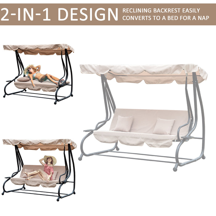 3-Seater Garden Swing Seat with 2-in-1 Hammock Bed Feature - Adjustable Canopy and Cushioned Patio Chair in Light Brown - Ideal for Outdoor Relaxation and Comfort