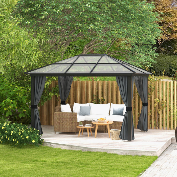 Hardtop Gazebo 3 x 3.6m - UV Resistant Polycarbonate Roof, Aluminium Frame, Garden Pavilion - Includes Mosquito Netting and Curtains for Outdoor Relaxation and Entertaining