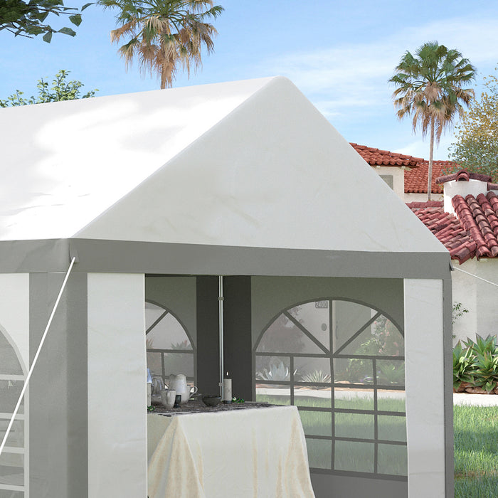 Galvanized 6x4m Marquee Party Tent with Sides - Features Six Windows & Double Doors, Weather-Resistant Gazebo - Ideal for Parties, Weddings & Outdoor Events in White & Grey