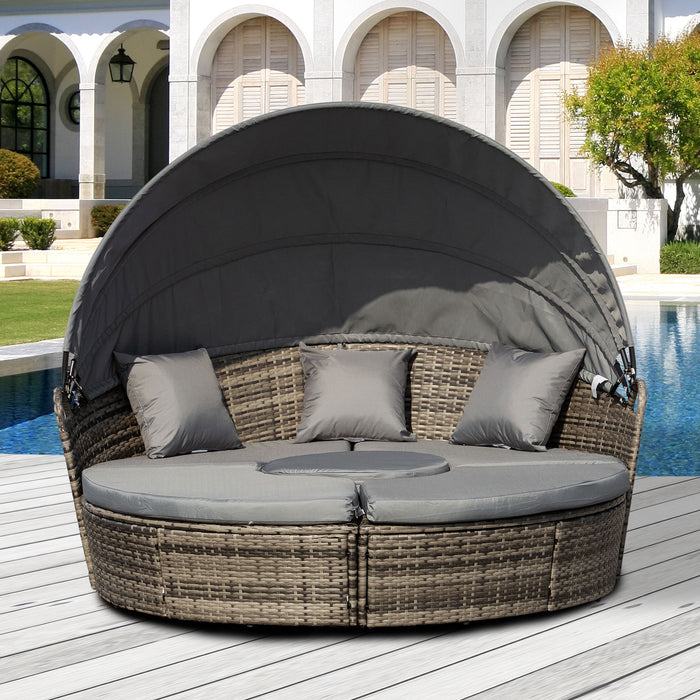 Rattan Outdoor Lounging Set - Cushioned Wicker Round Sofa Bed with Matching Coffee Table - Ideal for Patio Conversations and Relaxation in Grey