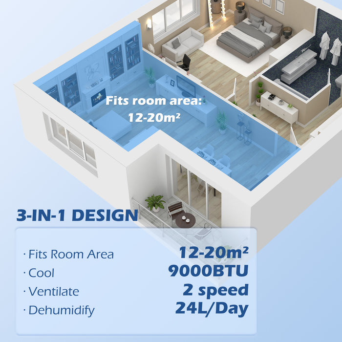 Portable 9,000 BTU Air Conditioner - Cools Rooms up to 20m², Includes Dehumidifier Function & 24-Hour Timer - Easy Mobility with Wheels, Comes with Window Mounting Kit