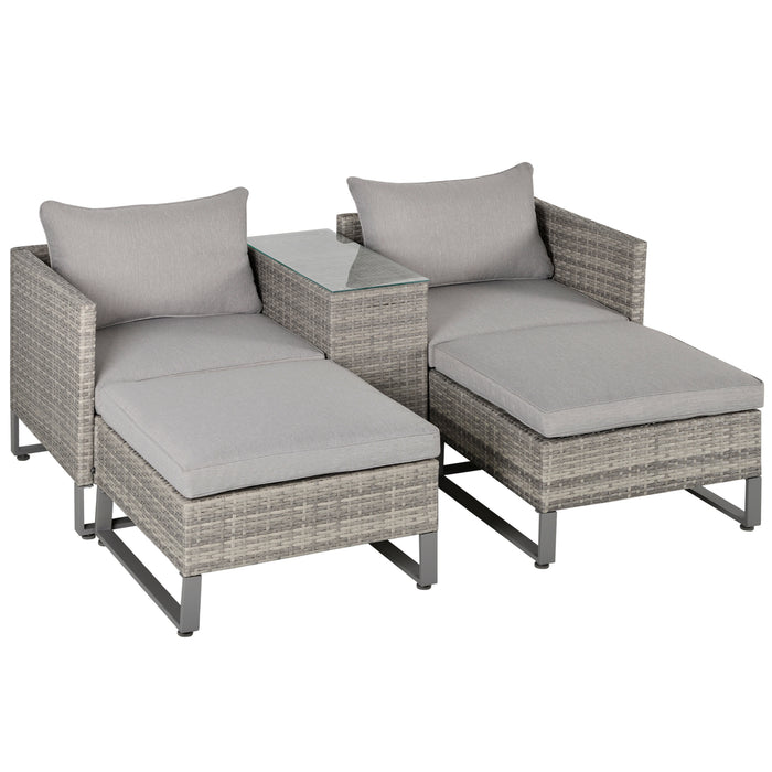 Outdoor Rattan Wicker Sofa Set with Chaise Lounge - 2-Seater Double Sofa Bed, Coffee Table & Footstool - Perfect for Patio, Garden, Backyard Comfort, Grey