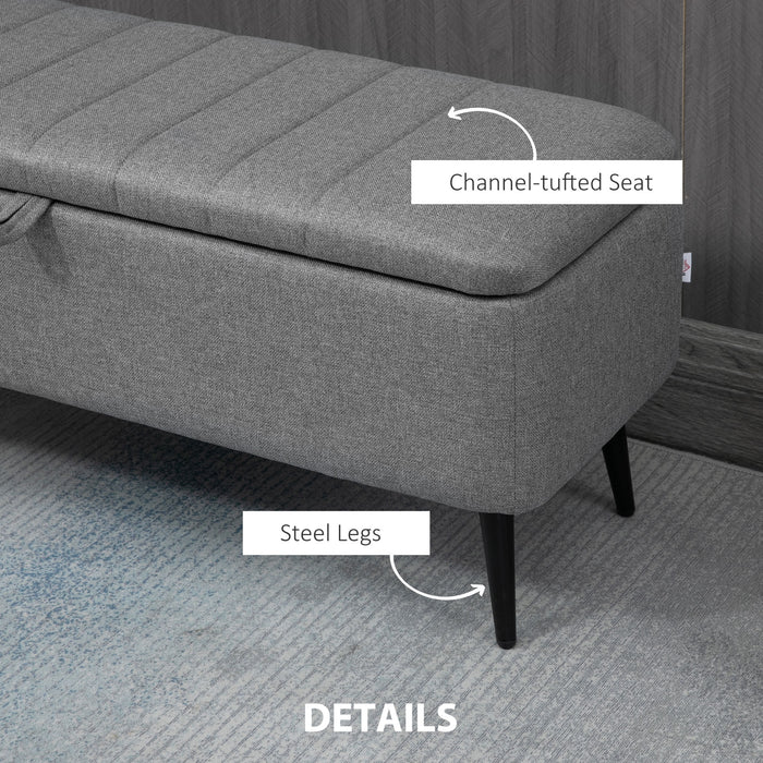 Upholstered Storage Ottoman Bench with Flip Top - Grey Linen Fabric Rectangular Footrest with Durable Steel Legs - Space-Saving Solution for Living Room and Bedroom