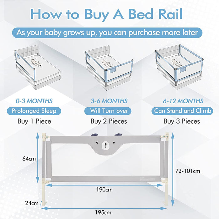 Bed Rail 195cm Model - Double Safety Lock and Adjustable Height Features - Ideal for Ensuring Secure Sleep and Solving Bed Fall Problems