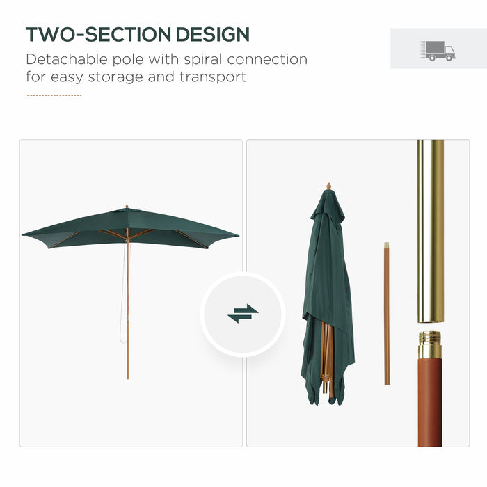 Wooden Garden Patio Umbrella - 295x200x255cm Large Parasol in Dark Green - Ideal Sun Shade for Outdoor Entertainment Spaces