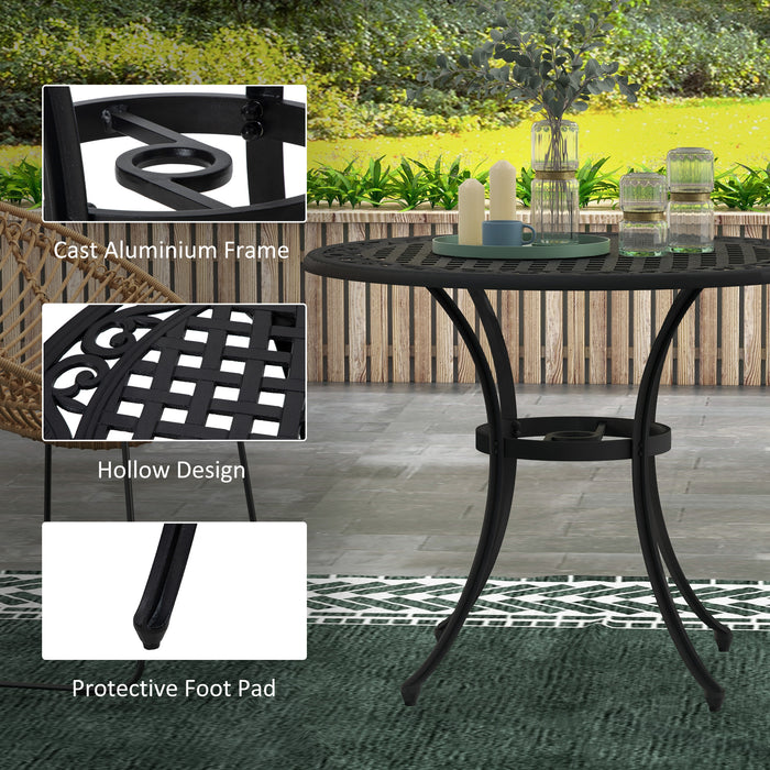 Elegant Cast Aluminium 90cm Round Garden Dining Table - Features Parasol Hole for Shaded Outdoor Meals - Perfect for Balcony Seating 2-4, Black Finish