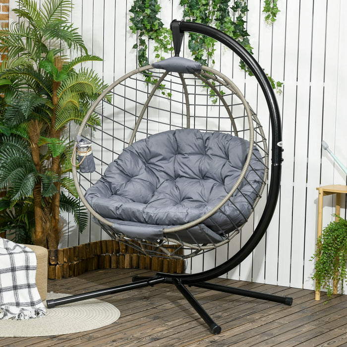 PE Rattan Swing Chair with Metal Stand - Thick Padded Cushion, Foldable Design & Cup Holder for Comfort - Stylish Outdoor Hanging Chair for Relaxation