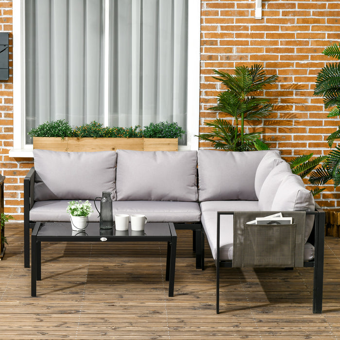 4-Piece Metal Garden Lounge Set with Tempered Glass Coffee Table - Cushioned Corner Sofa and Loveseat for Outdoor Comfort - Perfect for Patio Conversation and Relaxation