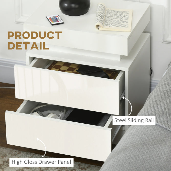 Modern White Bedside Table with Built-in LED Light - High Gloss 2-Drawer Nightstand - Perfect for Bedroom and Living Room Storage Needs