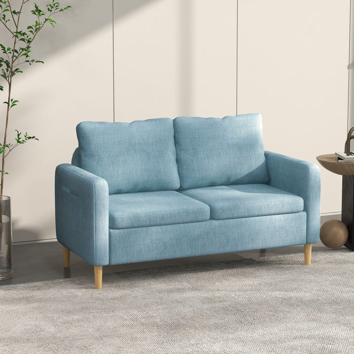 Modern Fabric 2-Seater Loveseat - Elegant 143cm Sofa with Wooden Legs and Storage Pockets - Ideal for Living Room, Bedroom, or Home Office in Stylish Blue