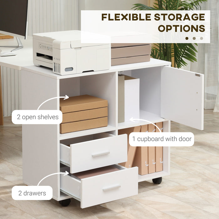 Mobile Printer Cart with Rolling Casters - Versatile Stand with Open Shelving, Drawers, and Cabinet - Space-Saving Solution for Home Office Organization