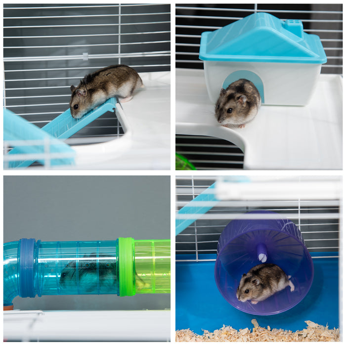 5-Level Gerbil Haven Cage - Spacious Multi-Storey Hamster Home with Tunnel Tubes, Water Bottle & Exercise Wheel - Ideal for Small Rodents with Ramps, 59x36x69 cm, Blue