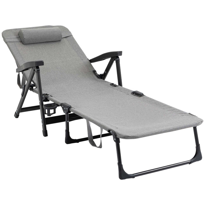 Mesh Fabric Chaise Lounge Chair with 7 Reclining Positions - Folding Sun Lounger with Pillow & Cup Holder, Light Grey - Ideal for Poolside Comfort and Relaxation