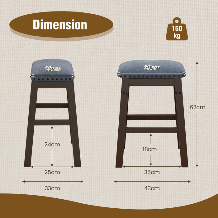 Set of 2 Bar Stools - Comfortable Padded Seat and Durable Rubber Wood Legs in Brown - Perfect for Home Bar or Kitchen Counter Seating Solution