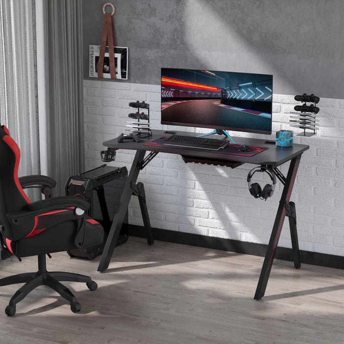 Racing Style Gaming Desk with Game Handle Rack - Cup Holder, Headset Hook & Sturdy Spider Legs - Ideal Workstation for Gamers and Students