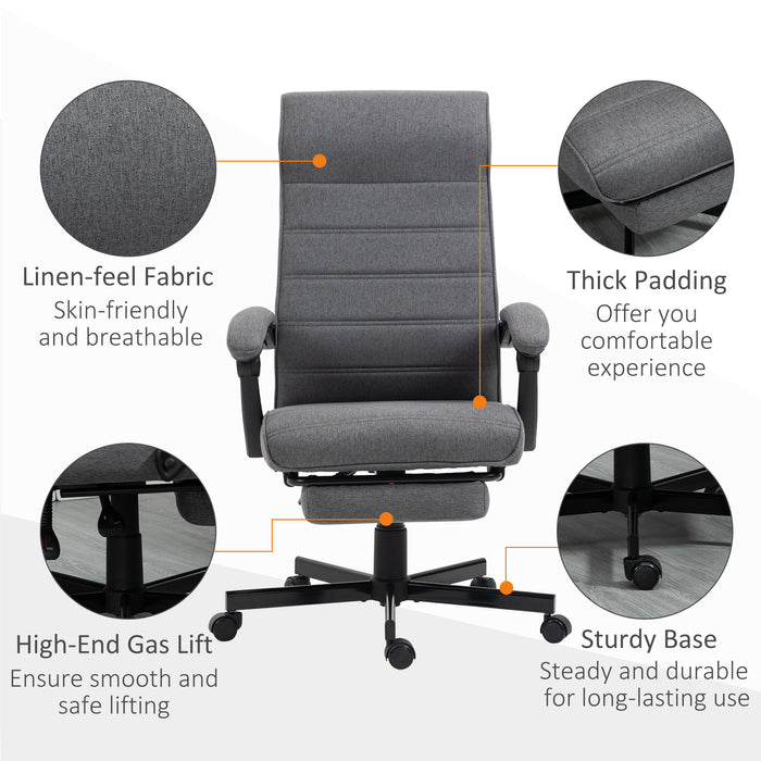 High-Back Linen Swivel Recliner - Adjustable Height, Padded Armrest, and Built-In Footrest Office Chair - Ideal for Home Study and Living Rooms, Grey