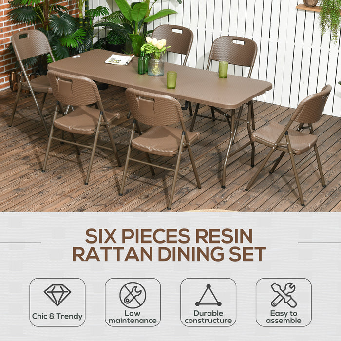 7-Piece Resin Rattan Patio Dining Set - Foldable Chairs & Table with HDPE Molding, Space-Efficient - Ideal for Indoor & Outdoor Use in Dark Brown